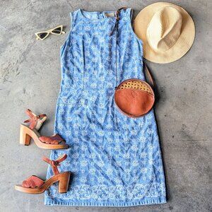 Vintage Liz Claiborne Blue Denim White Floral Sleeveless Sheath Dress size 8
